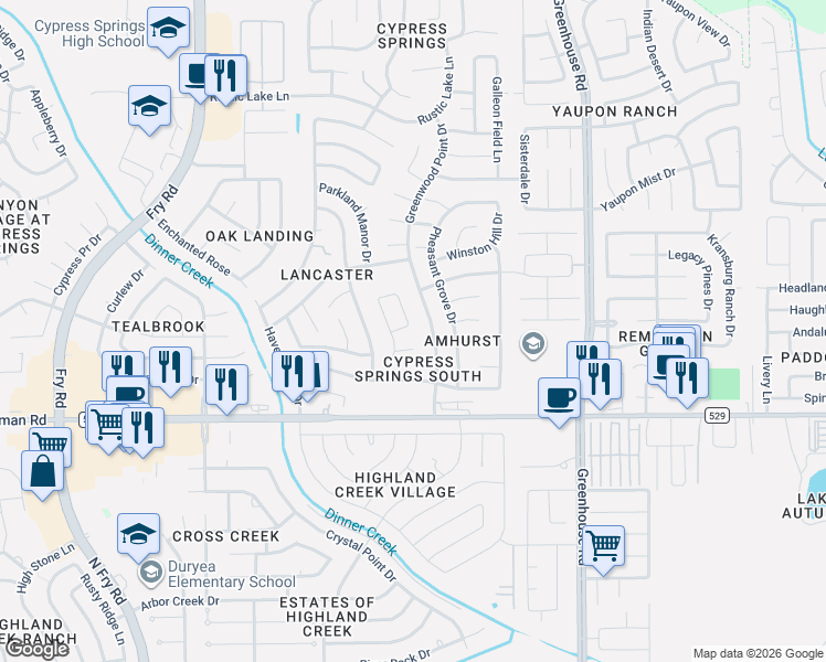 map of restaurants, bars, coffee shops, grocery stores, and more near 7210 Sweetwater Shining Trail in Cypress