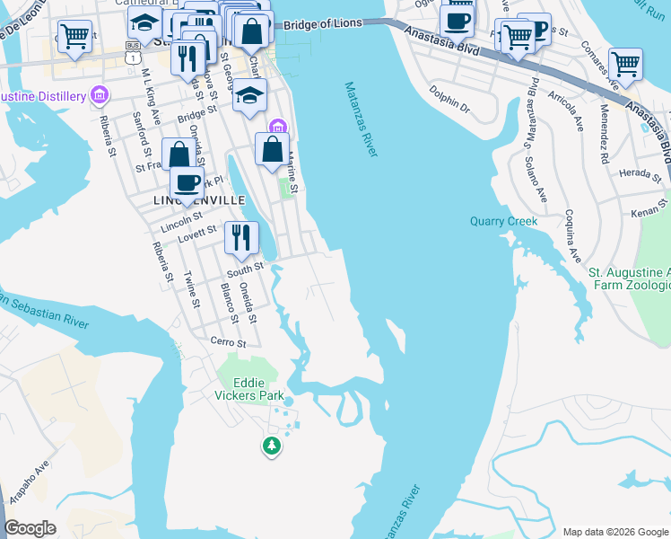 map of restaurants, bars, coffee shops, grocery stores, and more near 155 Marine Street in St. Augustine