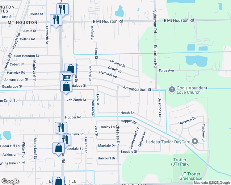 map of restaurants, bars, coffee shops, grocery stores, and more near 6415 Guadalupe Street in Houston