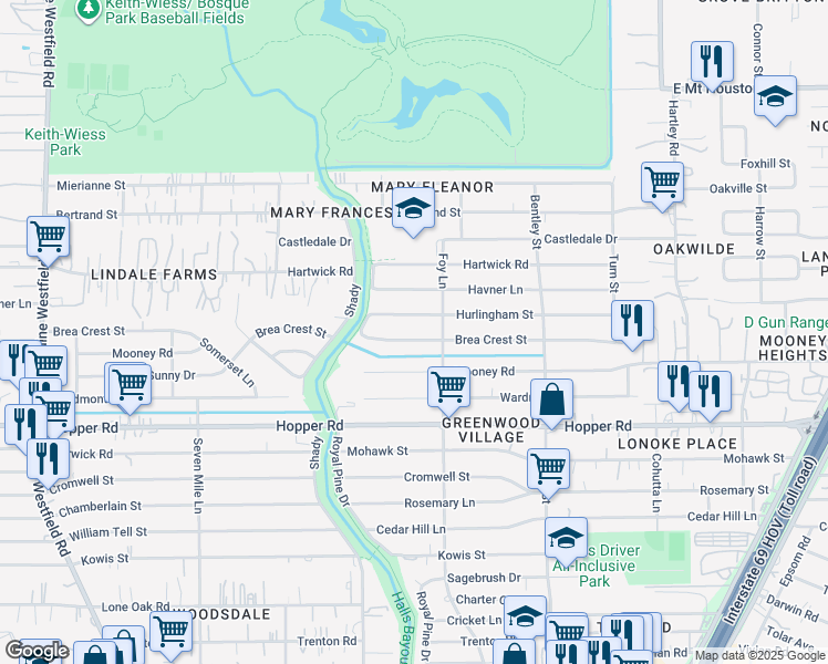 map of restaurants, bars, coffee shops, grocery stores, and more near 3014 Hurlingham Street in Houston