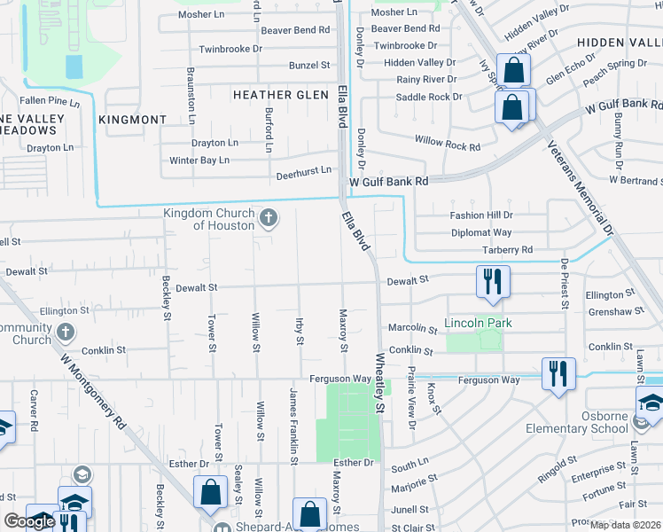 map of restaurants, bars, coffee shops, grocery stores, and more near 9606 Maxroy Street in Houston