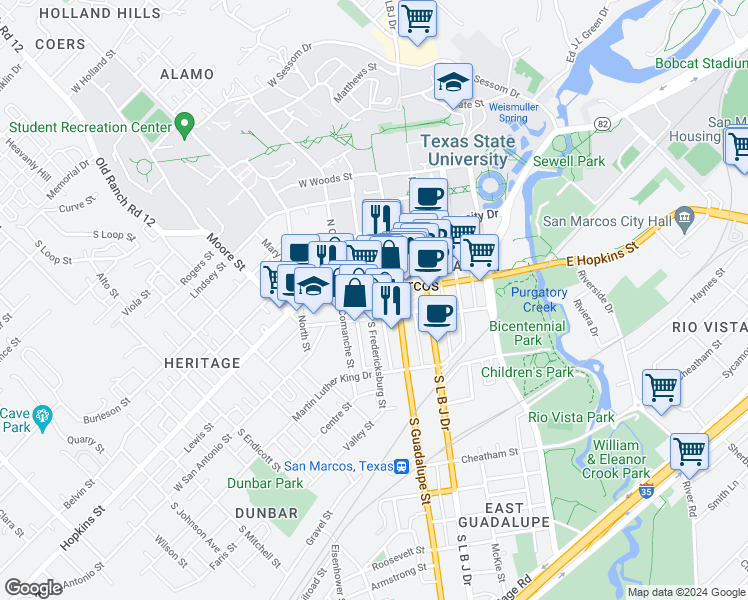 map of restaurants, bars, coffee shops, grocery stores, and more near 126 West Hopkins Street in San Marcos