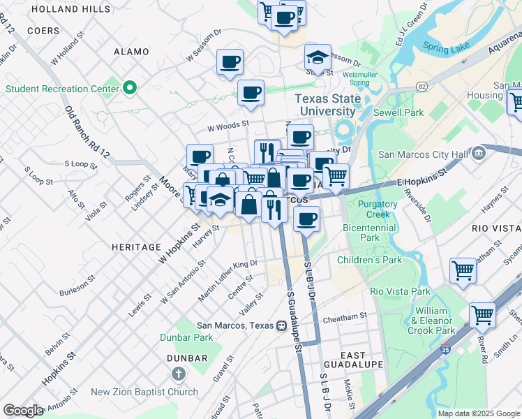 map of restaurants, bars, coffee shops, grocery stores, and more near 126 West Hopkins Street in San Marcos