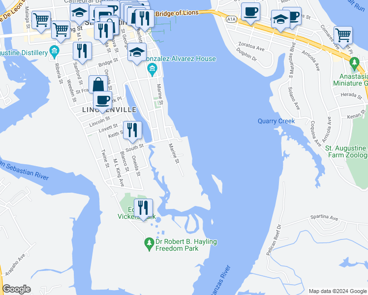 map of restaurants, bars, coffee shops, grocery stores, and more near 157 Marine Street in St. Augustine