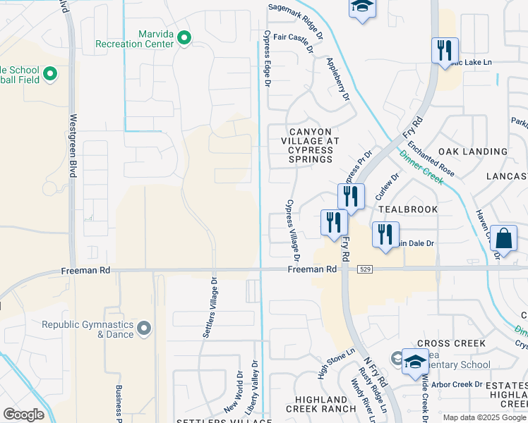 map of restaurants, bars, coffee shops, grocery stores, and more near 20722 Cypress Lilly Drive in Cypress