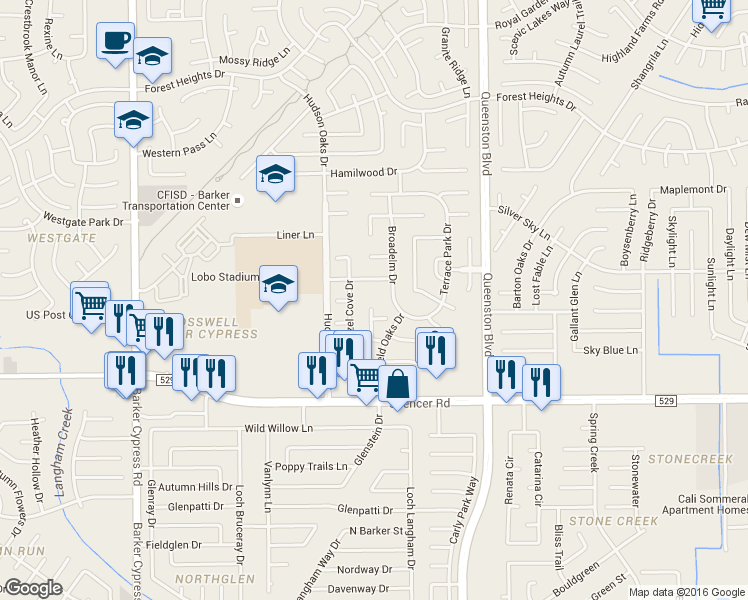 map of restaurants, bars, coffee shops, grocery stores, and more near 7238 Glenbank Way in Houston