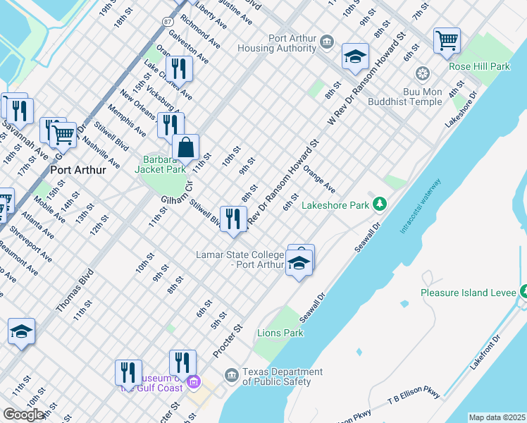 map of restaurants, bars, coffee shops, grocery stores, and more near 1700 West Rev Dr Ransom Howard Street in Port Arthur