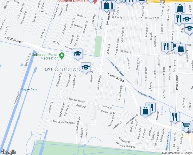 map of restaurants, bars, coffee shops, grocery stores, and more near 14 Westwood Drive in Marrero