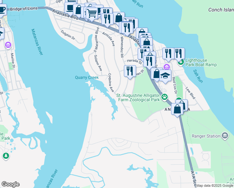 map of restaurants, bars, coffee shops, grocery stores, and more near 92 Coquina Avenue in St. Augustine