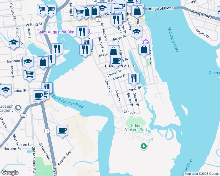 map of restaurants, bars, coffee shops, grocery stores, and more near 132 Twine Street in St. Augustine