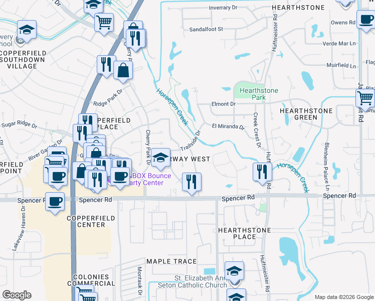 map of restaurants, bars, coffee shops, grocery stores, and more near 7215 Halfpenny Road in Houston