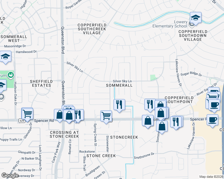 map of restaurants, bars, coffee shops, grocery stores, and more near 7230 Ridgeberry Drive in Houston