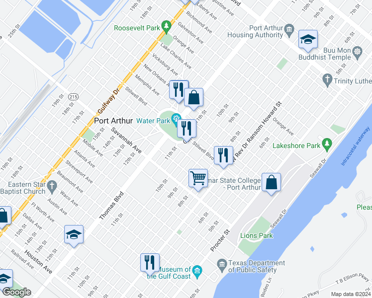 map of restaurants, bars, coffee shops, grocery stores, and more near 1448 10th Street in Port Arthur