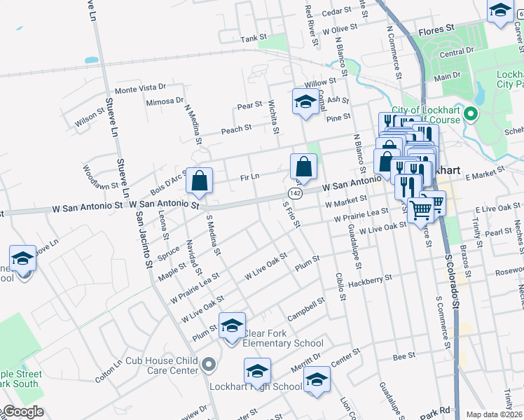 map of restaurants, bars, coffee shops, grocery stores, and more near 806 West San Antonio Street in Lockhart