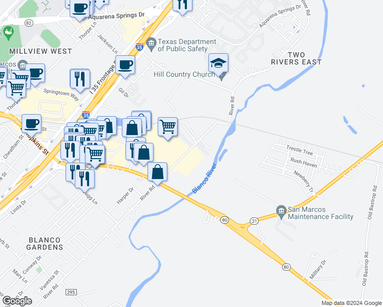 map of restaurants, bars, coffee shops, grocery stores, and more near 1700 River Road in San Marcos