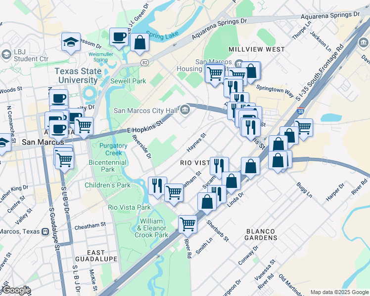 map of restaurants, bars, coffee shops, grocery stores, and more near 1017/19 Haynes Street in San Marcos