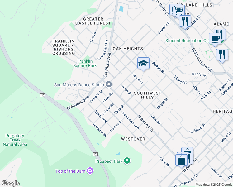 map of restaurants, bars, coffee shops, grocery stores, and more near 1308 North Bishop Street in San Marcos