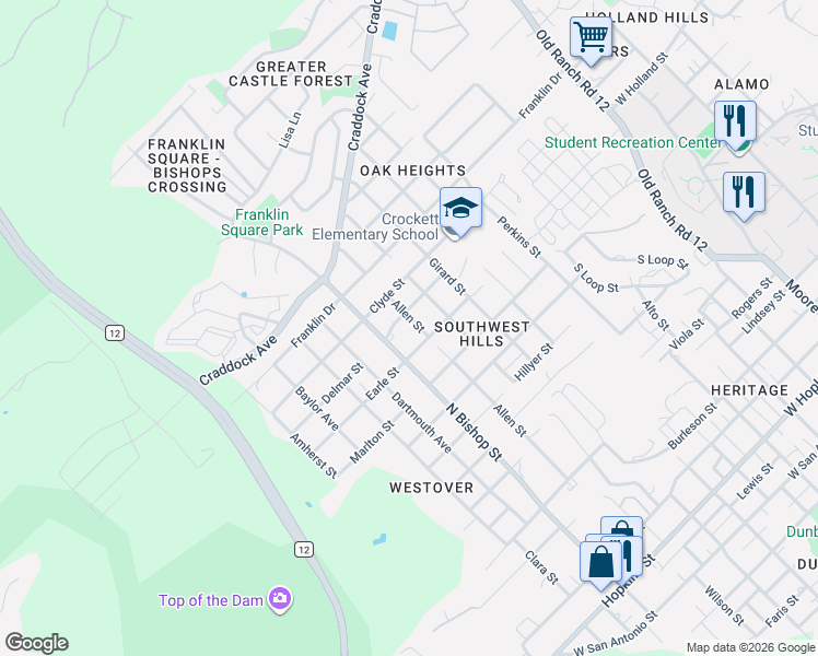 map of restaurants, bars, coffee shops, grocery stores, and more near 1200 North Bishop Street in San Marcos