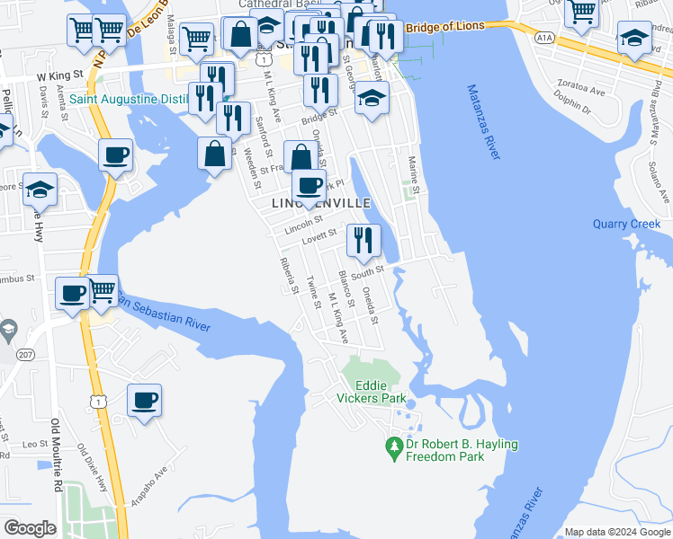 map of restaurants, bars, coffee shops, grocery stores, and more near 142 Blanco Street in Saint Augustine