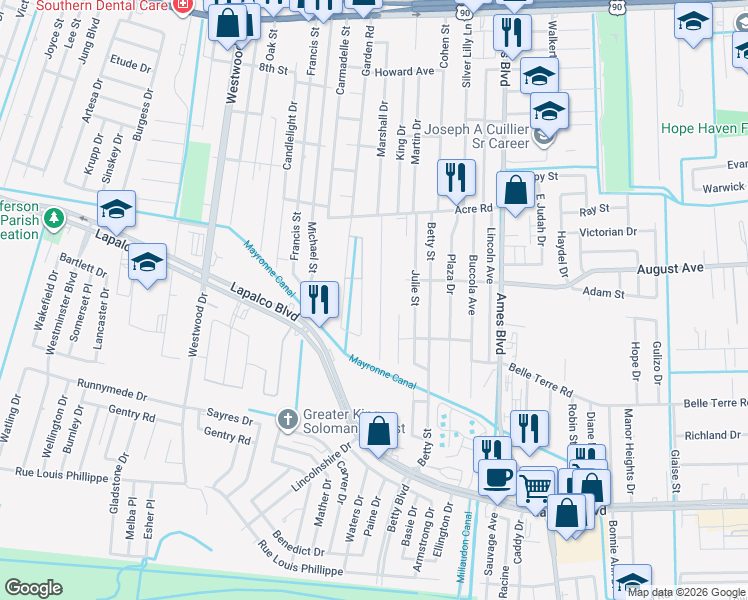 map of restaurants, bars, coffee shops, grocery stores, and more near 1540 Mansfield Drive in Marrero
