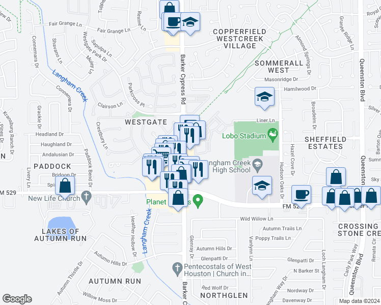map of restaurants, bars, coffee shops, grocery stores, and more near 7160 Barker Cypress Road in Cypress