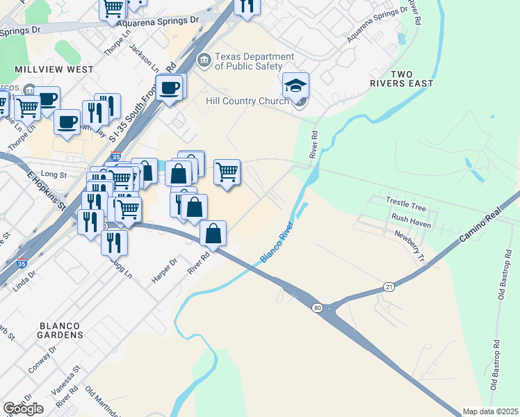 map of restaurants, bars, coffee shops, grocery stores, and more near 1650 River Road in San Marcos