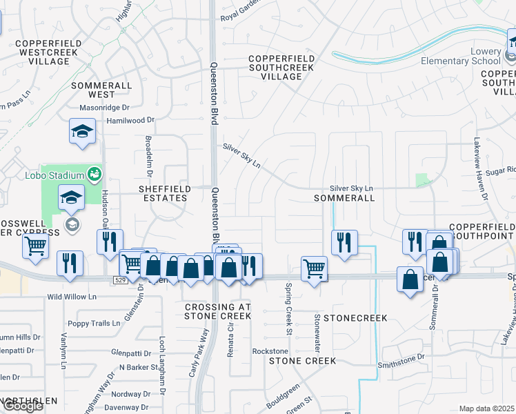 map of restaurants, bars, coffee shops, grocery stores, and more near 7210 Sonnet Glen Lane in Houston
