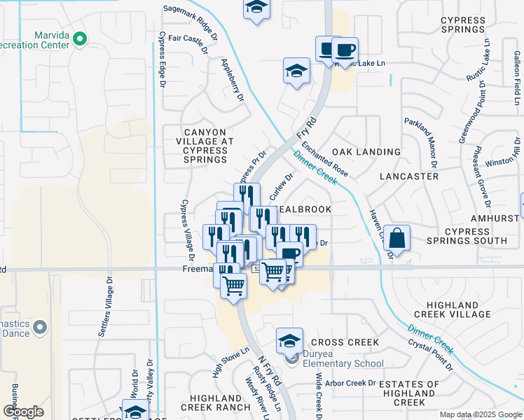 map of restaurants, bars, coffee shops, grocery stores, and more near 7139 Curlew Drive in Cypress