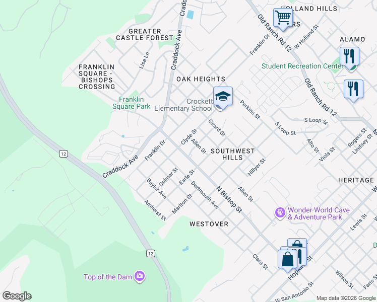 map of restaurants, bars, coffee shops, grocery stores, and more near 1308 North Bishop Street in San Marcos