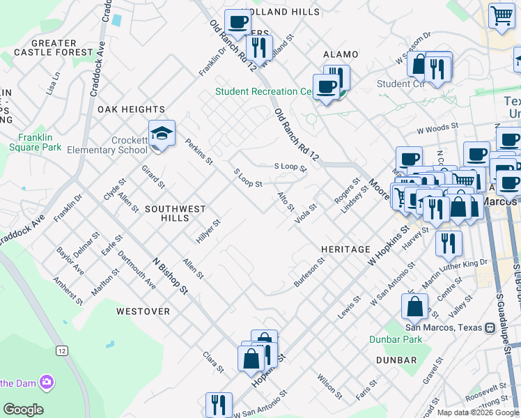 map of restaurants, bars, coffee shops, grocery stores, and more near 809-811 Perkins Street in San Marcos