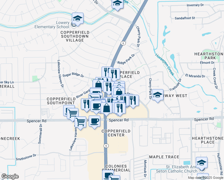 map of restaurants, bars, coffee shops, grocery stores, and more near 7092 Highway 6 in Houston