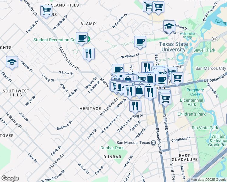 map of restaurants, bars, coffee shops, grocery stores, and more near 500 West Hutchison Street in San Marcos