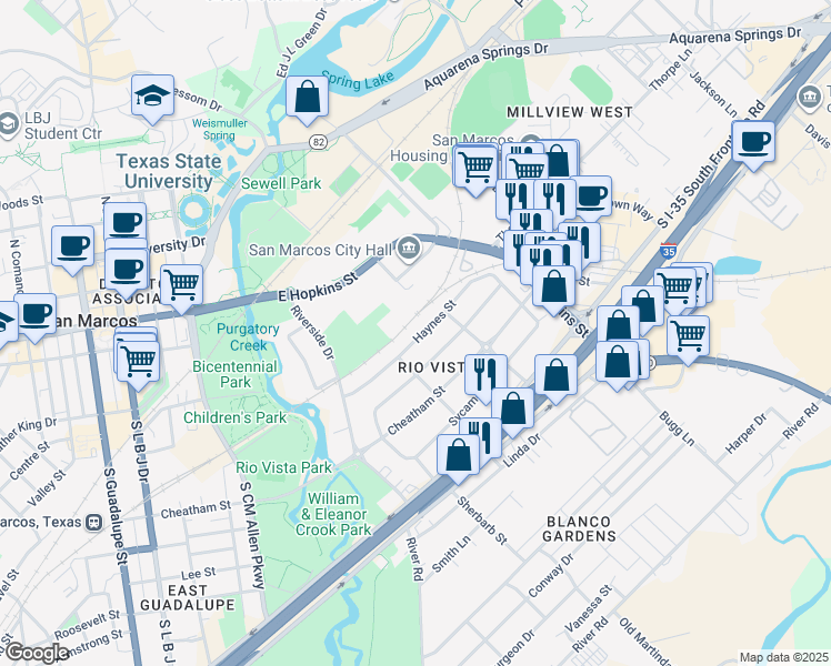 map of restaurants, bars, coffee shops, grocery stores, and more near 1017/19 Haynes Street in San Marcos