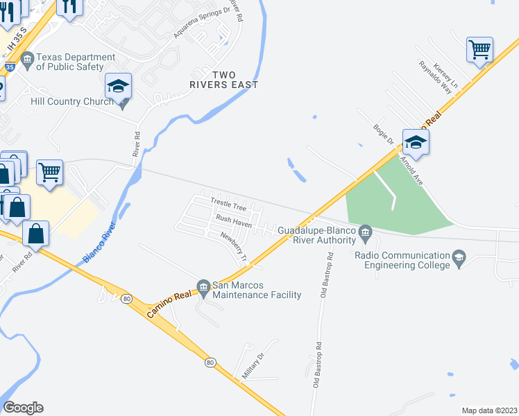 map of restaurants, bars, coffee shops, grocery stores, and more near 116 Trestle Tree in San Marcos