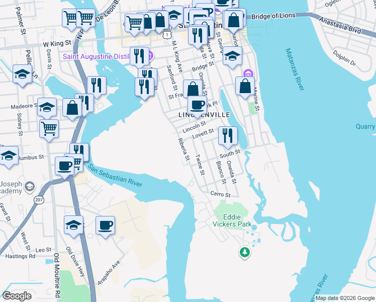 map of restaurants, bars, coffee shops, grocery stores, and more near 132 Twine Street in St. Augustine