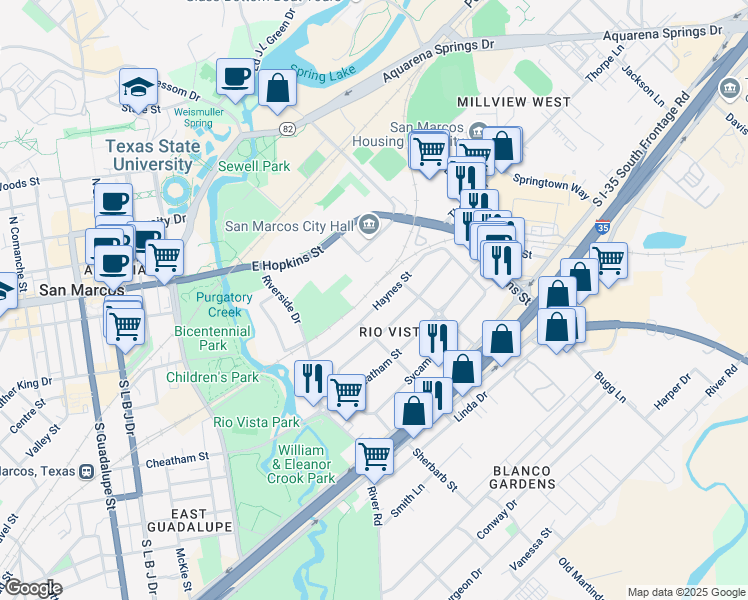 map of restaurants, bars, coffee shops, grocery stores, and more near 1017/19 Haynes Street in San Marcos