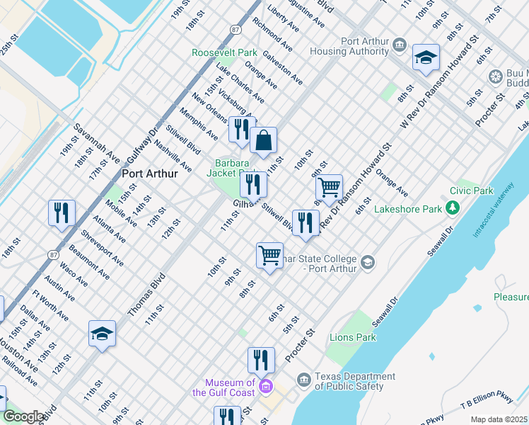 map of restaurants, bars, coffee shops, grocery stores, and more near 1448 10th Street in Port Arthur
