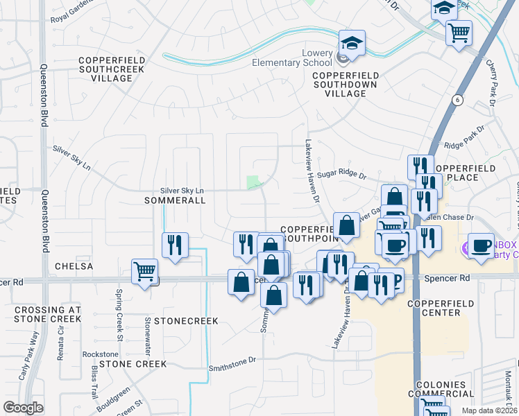 map of restaurants, bars, coffee shops, grocery stores, and more near 16307 Dew Drop Lane in Houston