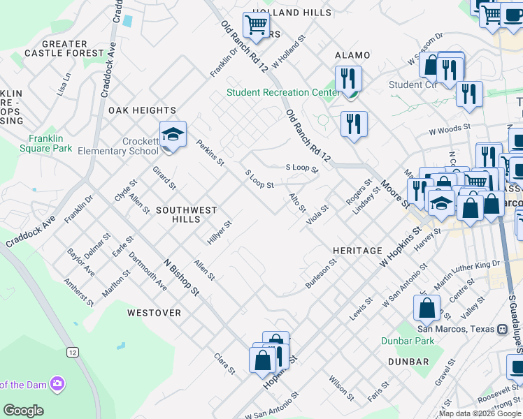 map of restaurants, bars, coffee shops, grocery stores, and more near 809-811 Perkins Street in San Marcos
