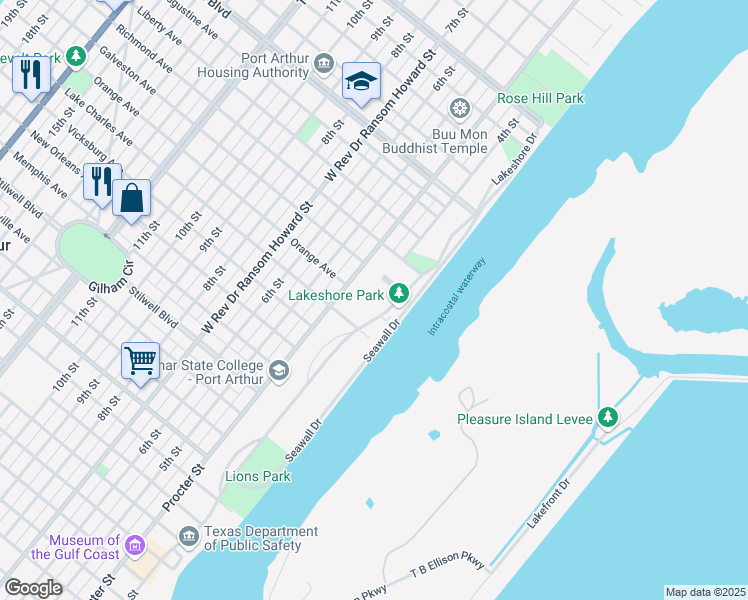map of restaurants, bars, coffee shops, grocery stores, and more near 1953 Lakeshore Drive in Port Arthur