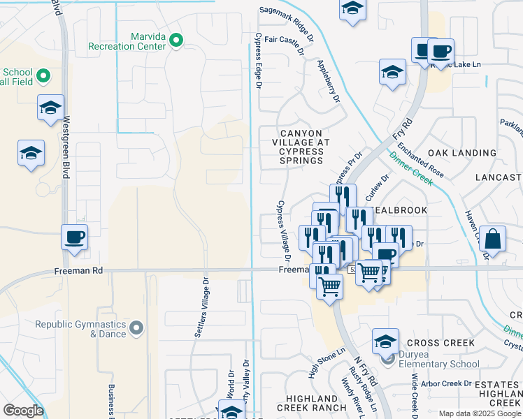 map of restaurants, bars, coffee shops, grocery stores, and more near 20722 Cypress Lilly Drive in Cypress