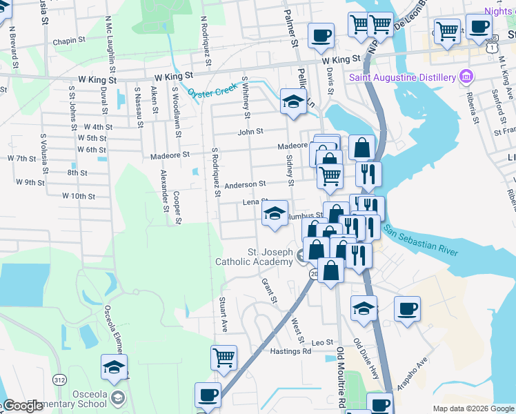 map of restaurants, bars, coffee shops, grocery stores, and more near 916 South Whitney Street in St. Augustine