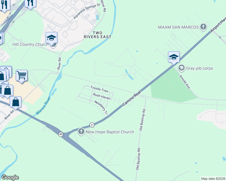 map of restaurants, bars, coffee shops, grocery stores, and more near 110 Trestle Tree in San Marcos
