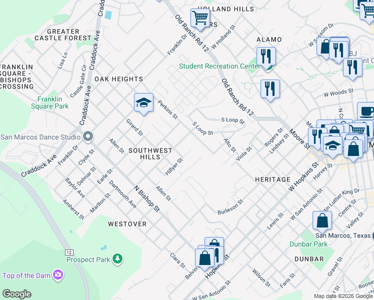 map of restaurants, bars, coffee shops, grocery stores, and more near 816 A B Hillyer Street in San Marcos