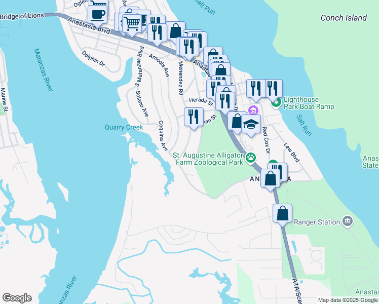 map of restaurants, bars, coffee shops, grocery stores, and more near 138 Menendez Road in St. Augustine