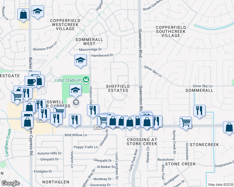 map of restaurants, bars, coffee shops, grocery stores, and more near 17227 Verdant Willow Way in Houston