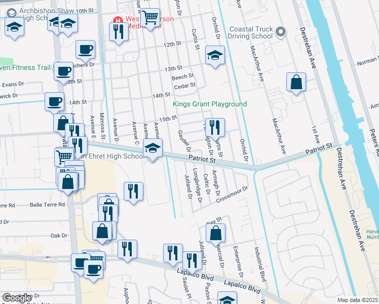 map of restaurants, bars, coffee shops, grocery stores, and more near 1576 Gaudet Dr in Marrero