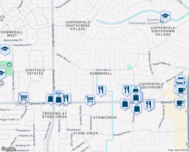 map of restaurants, bars, coffee shops, grocery stores, and more near 7230 Ridgeberry Drive in Houston