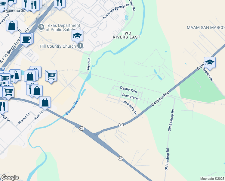 map of restaurants, bars, coffee shops, grocery stores, and more near 335 Rachel Street in San Marcos