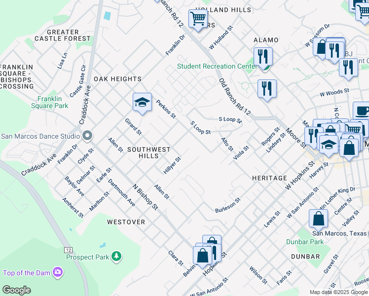 map of restaurants, bars, coffee shops, grocery stores, and more near 816 A B Hillyer Street in San Marcos